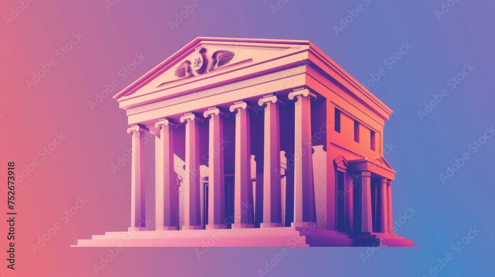 Obraz premium Neon gradient on a classical building illustration - A vibrantly colored graphic of a classical edifice with a modern neon gradient overlay, creating a fusion of ancient and contemporary styles