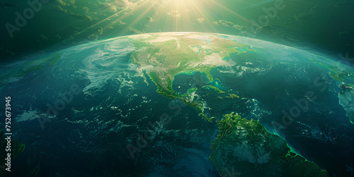 A close up of a green and black earth with a bright light for Earth Day poster background and wallpaper 