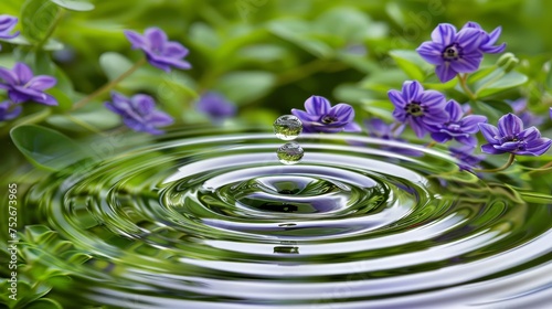 Ethereal spring background with lilac mist and green hues, tranquil pond reflecting sky colors