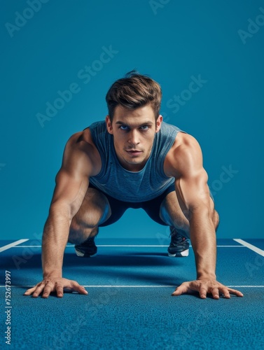 Runner in starting position on race track - Muscular male athlete in a tank top ready to sprint on a blue race track with intense focus