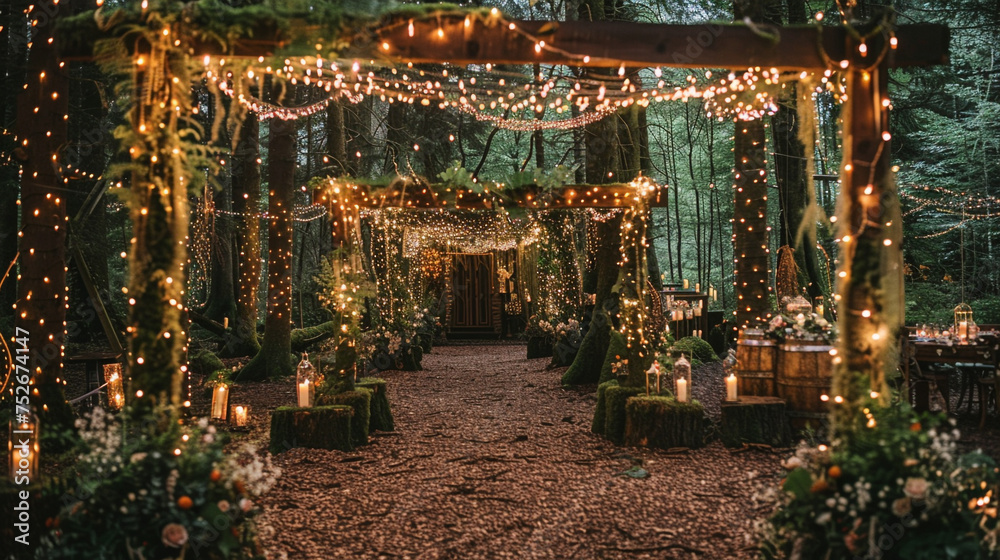 woodland wedding hall with mosscovered trees and fairy light canopies