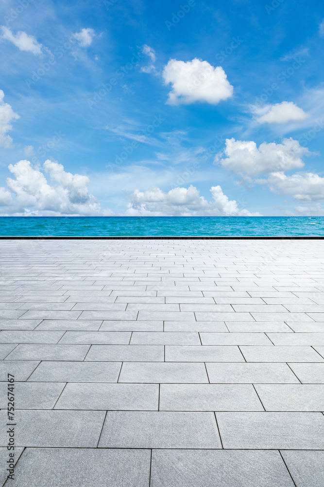 Empty square floor and blue sea nature landscape under blue sky