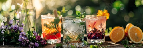 Variety of refreshing summer drinks on a table - A picturesque setting of assorted summer beverages adorned with natural flora on a sunlit wooden table