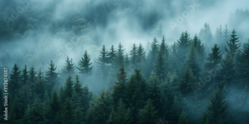 An elegant foggy pine forest