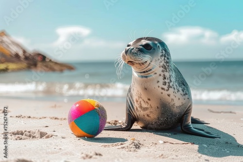 A charming seal balancing a colorful ball on its nose on a sunny beach