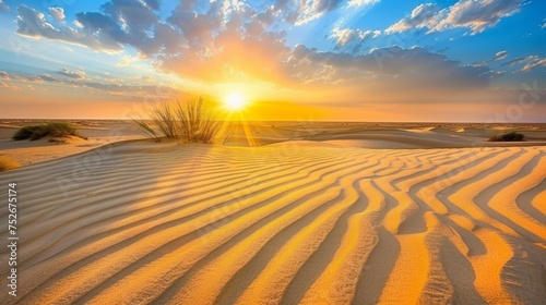 Breathtaking sahara desert panorama at sunset with golden sand dunes captivating scenery banner