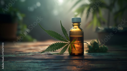 Marijuana leaf (CBD) with medical organic products in the form of marijuana oil on a wooden background photo