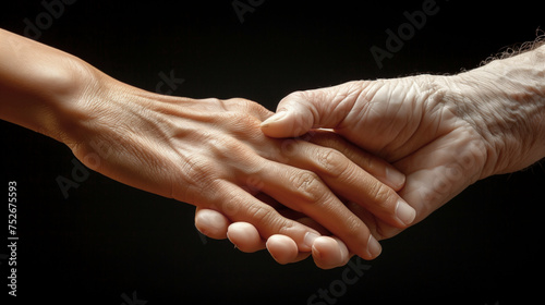 Close-up of young person's hand holding elderly person's hand as sign of caring for seniors against black background.