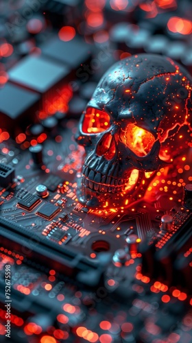 A computer board with a cybernetic skull on it, piracy and virus related concept, AI generated illustration © Guga