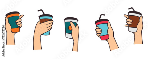 Vector illustration of hands holding coffee cup, to go, take away, flat color isolated elements.