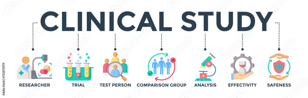 Fototapeta premium Clinical study banner web icon concept for clinical trial research with an icon of researcher, trial, test person, comparison group, analysis, effectivity, and safeness. Vector illustration 