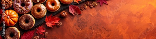 Autumnal Banner with Assorted Donuts and Seasonal Decor, Ideal for Harvest Festivals