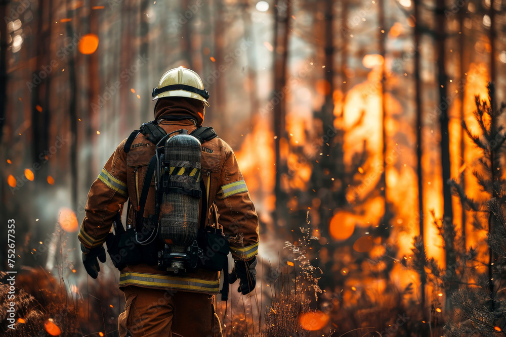 Firefighter in the middle of forest fire, generative AI. Firefighter in the middle of forest fire, generative AI.
