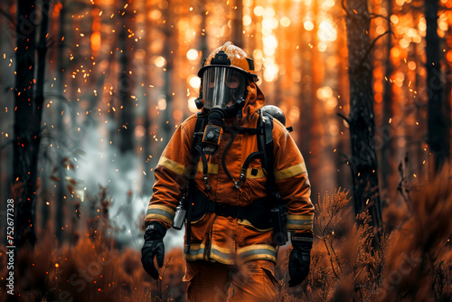 Firefighter in the middle of forest fire, generative AI.