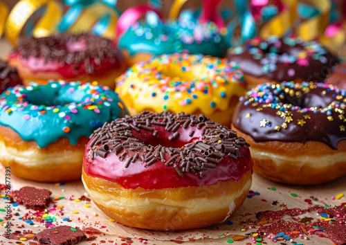 Deliciously decorated donuts with bright icing and various toppings, a perfect indulgent treat for sweet tooth cravings