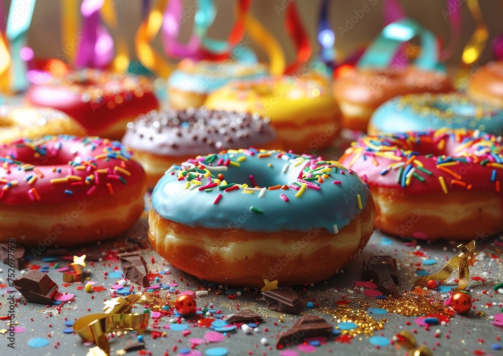 Delectable glazed donuts adorned with rainbow sprinkles presented on a shimmering background with party streamers
