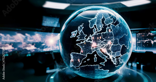 A digital world globe centered on Europe, depicting the concept of global network and connectivity on Earth. abstract, world map, earth, energy, virtual reality, global technology- Generative ai