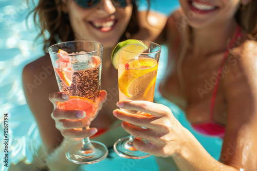 women toast with cocktails during summer day by swimming pool