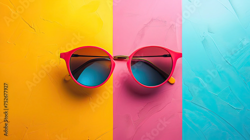 Creative sunglasses on an abstract three-color background.