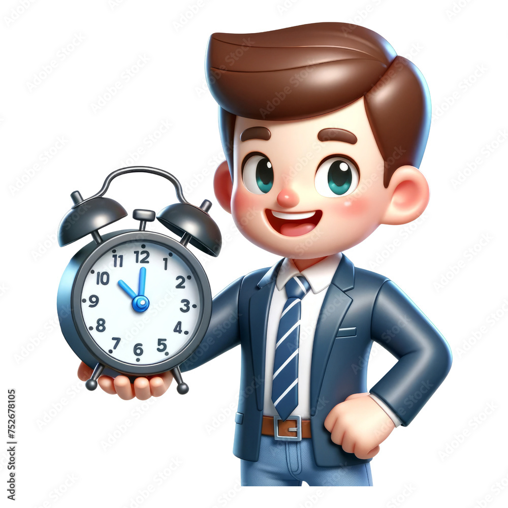 3d cute businessman holding an alarm clock, 3d clipart, 3d character. 3d cute businessman holding an alarm clock, 3d clipart, 3d character.