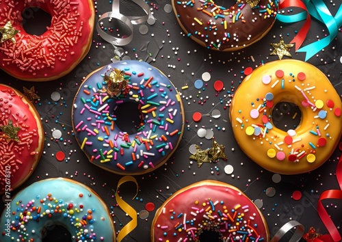 Celebratory Assortment of Doughnuts with Colorful Icing and Sprinkles, Ideal for Party Desserts or a Treat