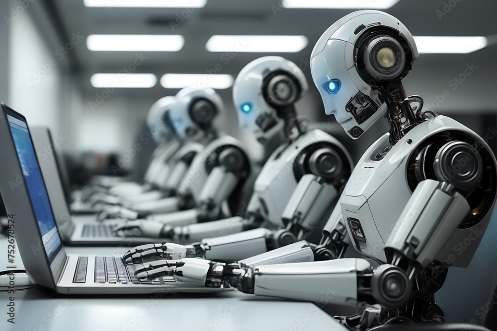 Robots working on computers replacing humans Robots working on computers replacing humans