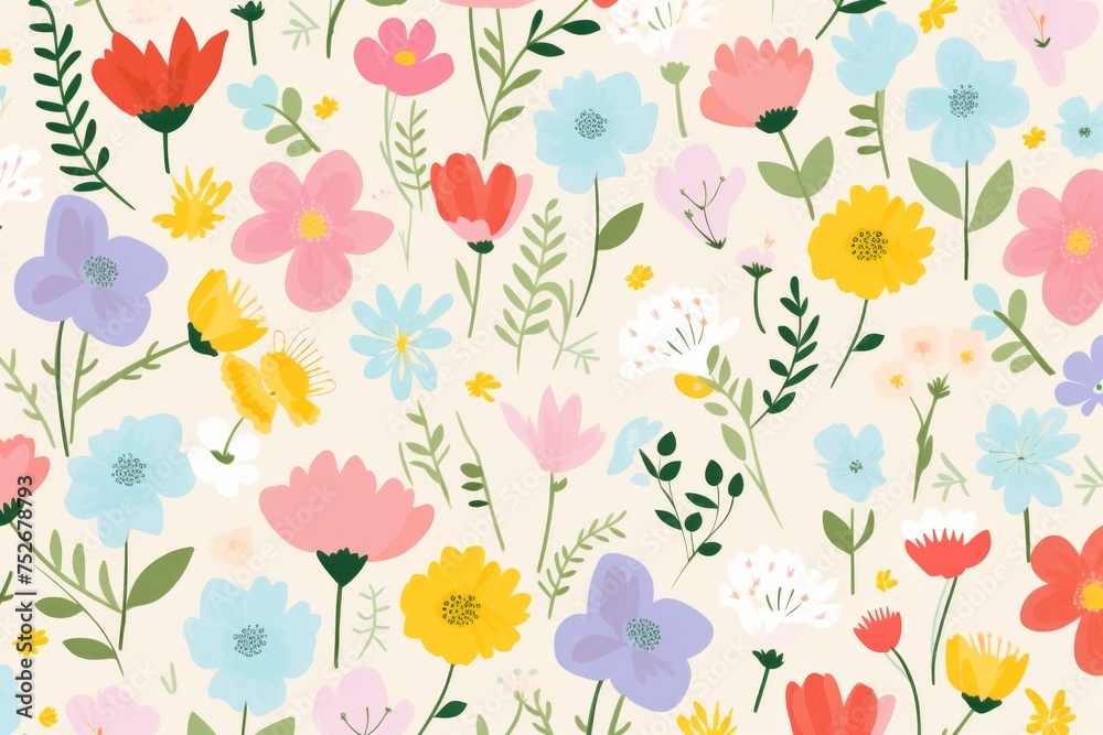 A whimsical and enchanting spring flower pattern background, creating a visually captivating and cheerful atmosphere, Generative AI