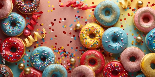 Overhead shot of colorful donuts with different icings scattered among festive decorations and sprinkles, a feast for the eyes and the sweet tooth