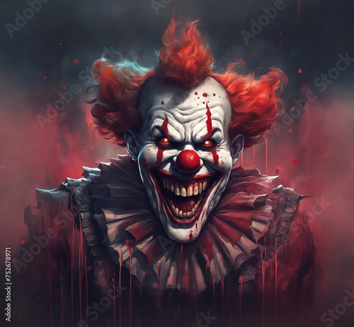 An evil looking clown laughing.	 photo