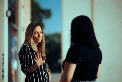 Obraz na plátně Woman Listening to her Friend Lies Making Stop Gesture Girl not trusting her man