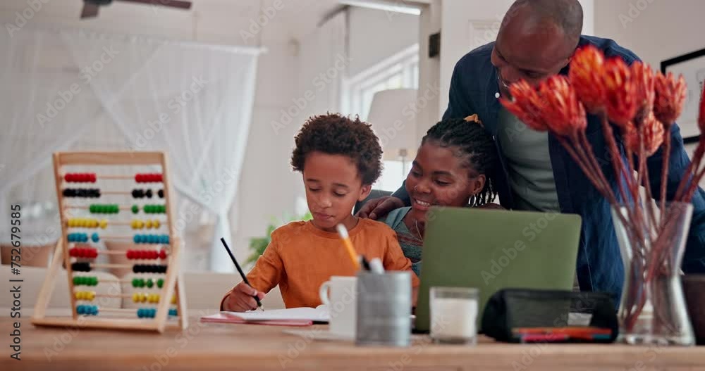 Math, homework or parents teaching a kid or writing for knowledge, education or child development. African mom, laptop and smart boy with father counting numbers to study for test or quiz on abacus