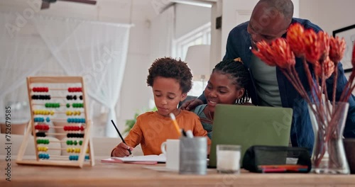Math, homework or parents teaching a kid or writing for knowledge, education or child development. African mom, laptop and smart boy with father counting numbers to study for test or quiz on abacus photo