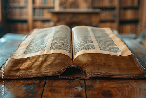 An old Christian Holy Bible is being read at a table AI Generative