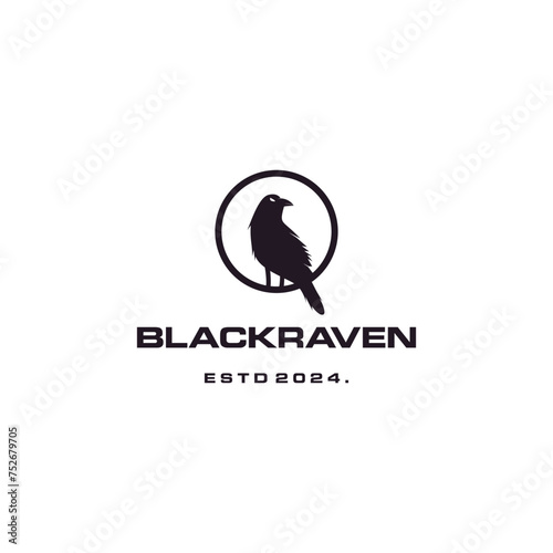 Black raven in the circle logo design on isolated background