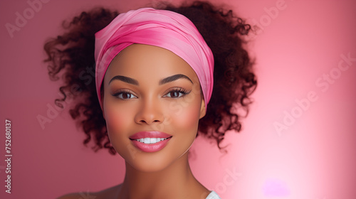 Against a soft beige and pink backdrop, a beautiful young African -American woman with flawless, glowing skin wears a vibrant pink headband