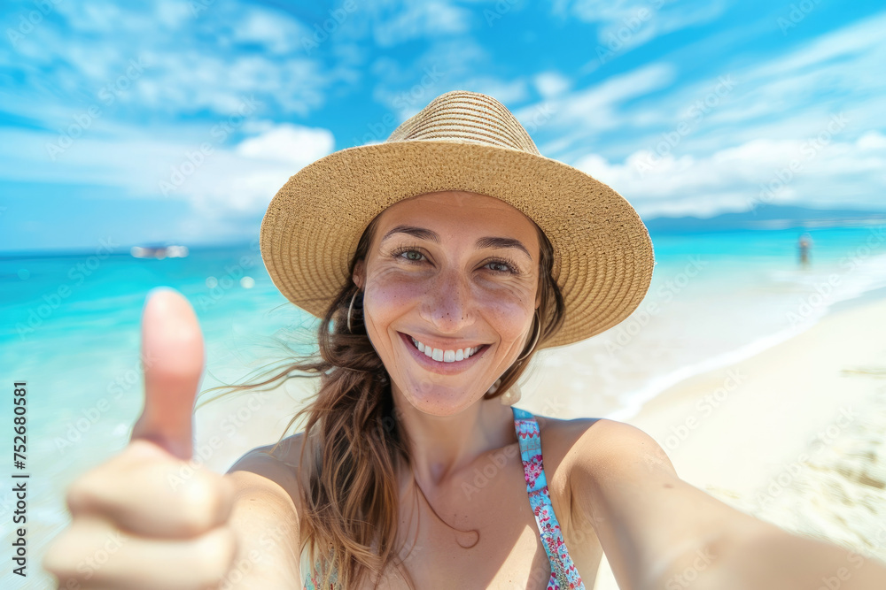 woman with hat at the beach taking a selfie picture doing the thumbs up gesture, summer holiday concept