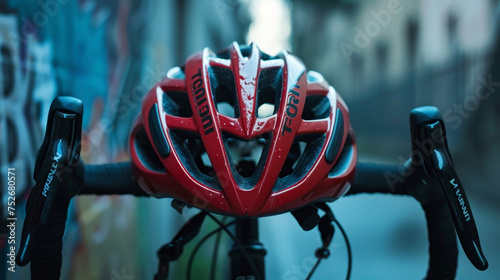 A closeup photo of a bicycle helmet hanging on a handlebar with the words Protect Your Head Wear a Helmet written in bold red letters.