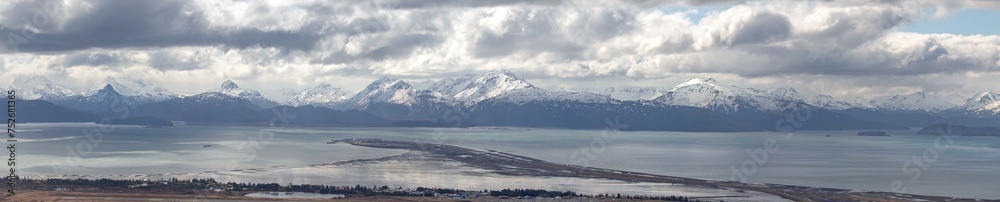 Aerial panoramic sea landscape view of Homer Spit in Kachemak Bay in Alaska United States