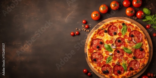 Top view of a pizza on a wooden table. Negative space. Generative AI