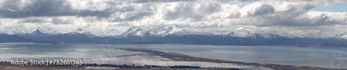 Aerial panoramic sea landscape view of Homer Spit in Kachemak Bay in Alaska United States