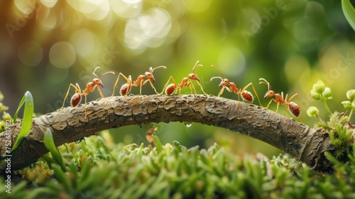 Team of ants constructing bridge  teamwork