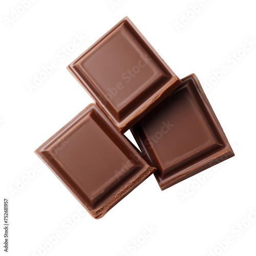 Three milk chocolate pieces isolated on white background. Top view