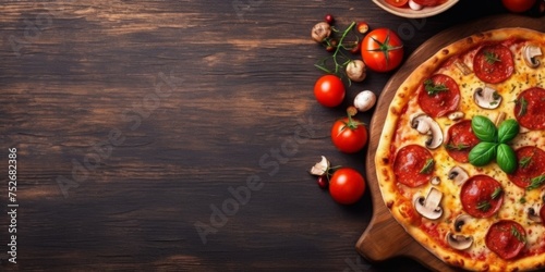 Top view of a pizza on a wooden table. Negative space. Generative AI