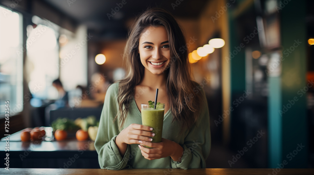 as a delightful girl with an infectious smile enjoys a refreshing green smoothie in a trendy cafe, embodying a sense of relaxation and rejuvenation in the midst of urban hustle and bustle - obrazy, fototapety, plakaty 
