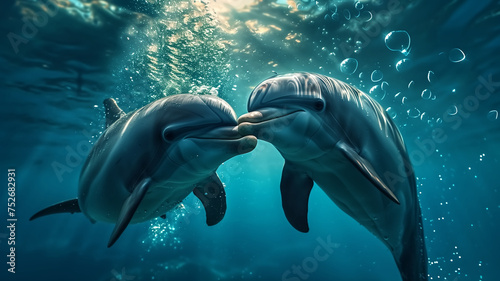 Two dolphins are playfully interacting with each other in the depths of a sunlit blue ocean, surrounded  © nextzimost