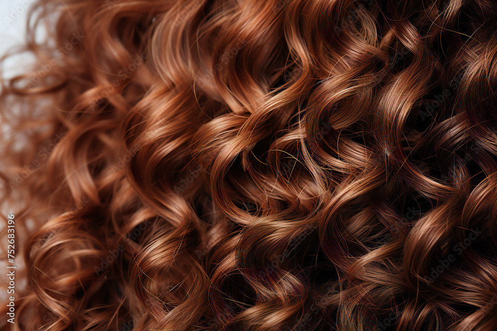 Brown hair close-up as a background. Women's long brown hair. Beautifully styled wavy shiny curls. Hair coloring. Hairdressing procedures, extension Generative AI