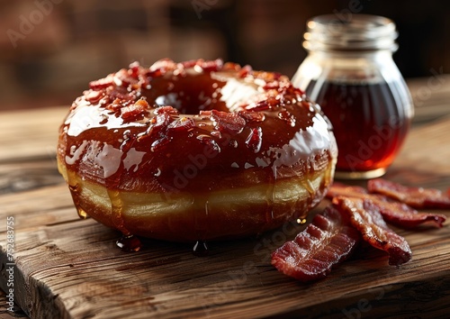 Sticky Maple Glazed Donut with Bacon Topping: A Mouthwatering Pastry that Blends Gourmet Flavors with Rustic Charm