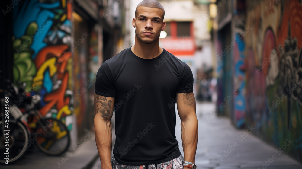 Obraz premium A muscular male model in a sleek black cotton t-shirt navigating through a city street filled with graffiti-covered walls and colorful murals