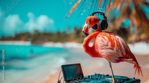A DJ flamingo with headphone and dj box near sea shore a concept of summer party with a big space for text or product, Generative AI. photo