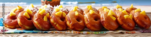 Delicious assorted glazed donuts in a row with vibrant yellow toppings perfect for a sweet summer treat on a rustic table